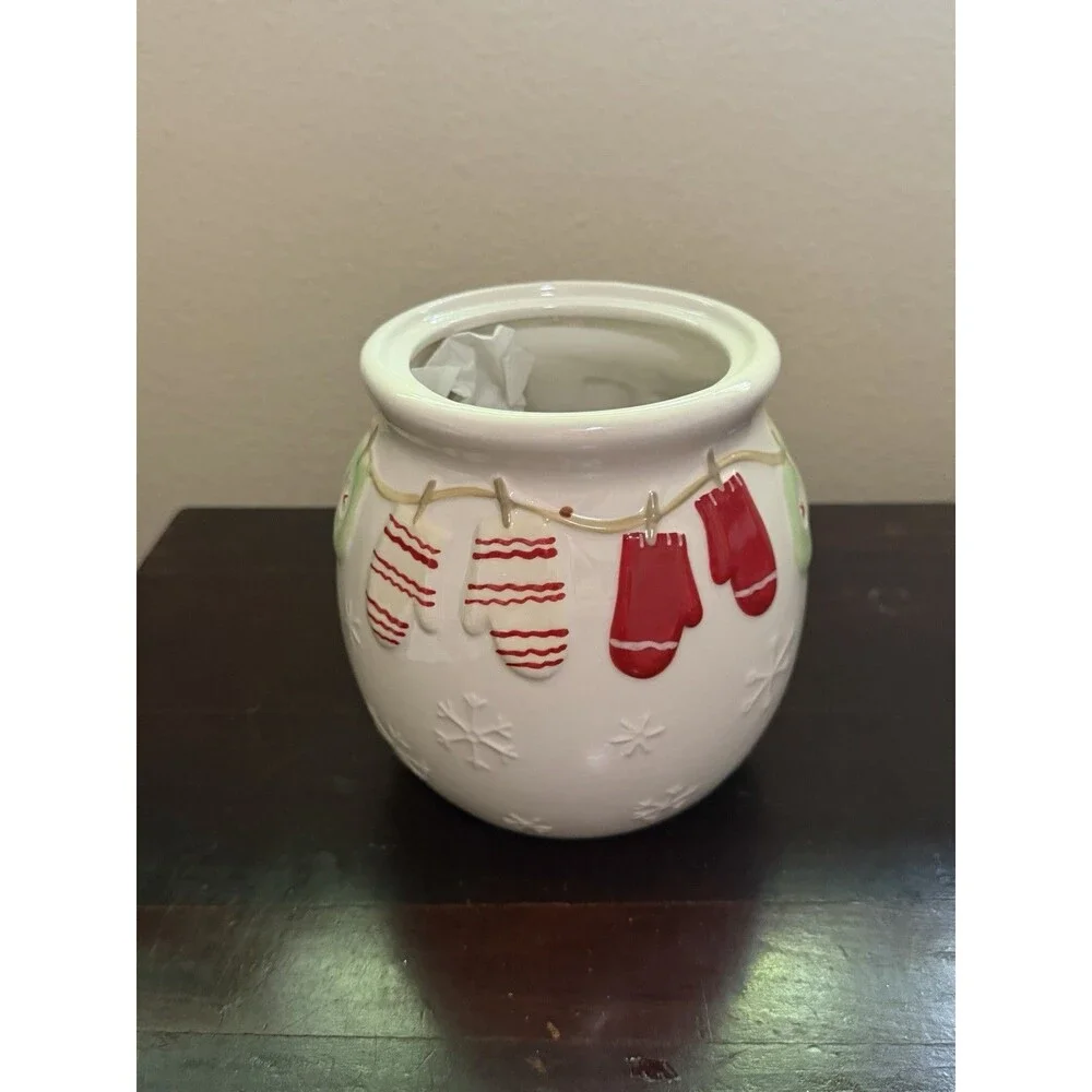 Vintage Hallmark Christmas Round Mitten Cookie Jar Holiday Decor - No Lid